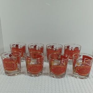 Vintage Jeanette "Here's How" Red/Gold Old Fashioned Glasses w/ Cocktail Recipes